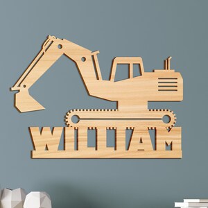 Letrero con nombre de excavadora para habitación infantil, tractor de construcción, camiones, decoración de guardería para niños, letrero de madera con nombre, letrero de madera personalizado, letrero con nombre para niños, regalo