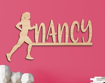 Name Sign, Runner Girl's Room Sign, Running Sign Girls Gift Decor, Personalized Sign, Wooden Name Track Kids Name Sign Gift