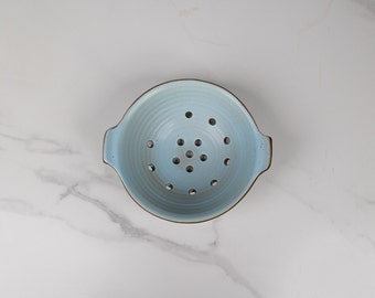 Berry Bowl- Ceramic-Stoneware-Pottery-Handmade-Made in USA-Strainer-Colander-Araucana Blue