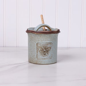 Ceramic Honey Pot - Honey Storage Jar- Handmade Stoneware Container - Jefferson Street Ceramics - Made in USA - Honey Bee - Araucana Blue