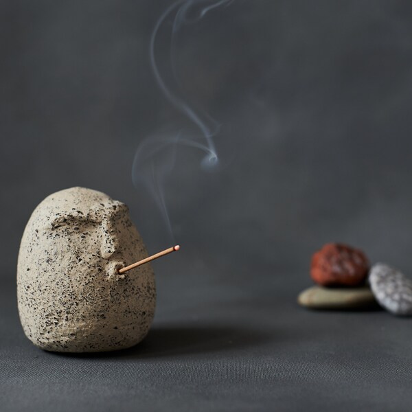 Singing stone incense stick holder, beige speckled pottery handmade stoneware ceramic for home decor