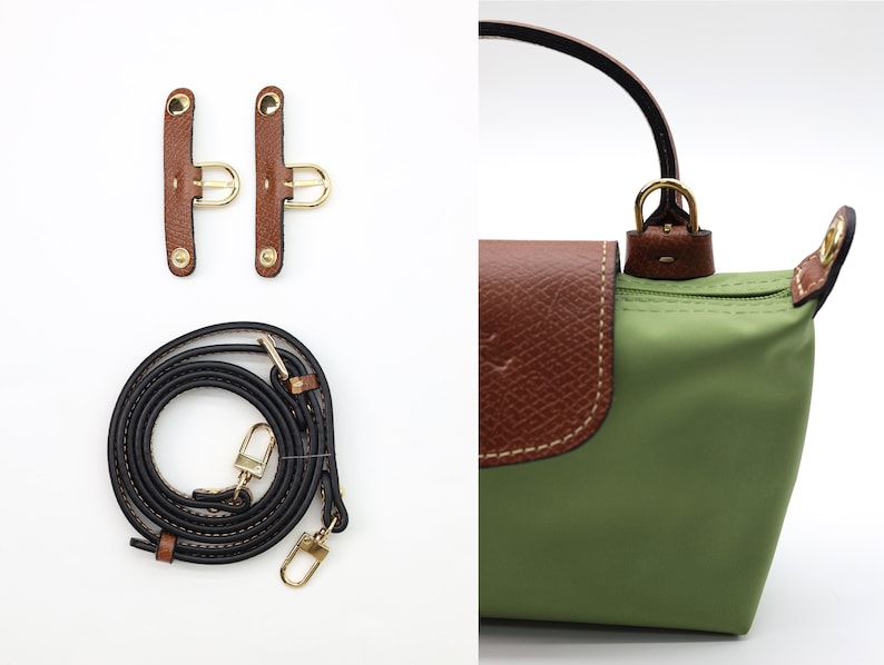 May include: A green nylon handbag with brown leather trim and a gold-tone zipper. The bag comes with a black adjustable shoulder strap and two brown leather strap attachments.