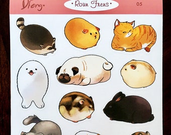 Roun Frens - furry edition - round fluffy cat dog rabbit bunny hamster animal sticker set, cute fur soft pet animals gift matte stickers