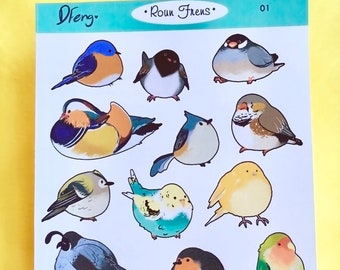 Roun Frens - round bird matte sticker set, cute birds animal gift stickers