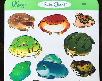 Roun Frens - round frog sticker set, cute frogs animal gift matte or glossy stickers
