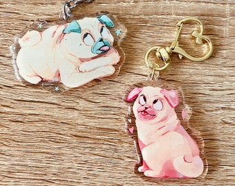 Pink and Blue Pug acrylic keychain charm