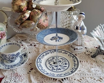 Petite tidbit stand in Blue white vintage China for teatime celebrations and party cakes snacks or Jewelry display, side table decor