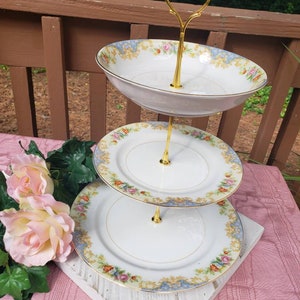 Vintage Noritake China 3 tiered tidbit, dessert, cupcake, snack tray for shabby chic tea party table centerpiece stand