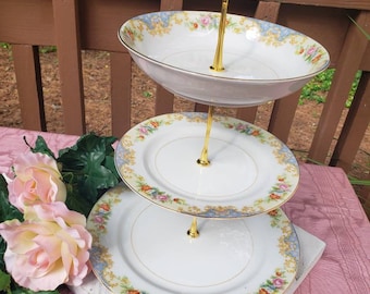 Vintage Noritake China 3 tiered tidbit, dessert, cupcake, snack tray for shabby chic tea party table centerpiece stand