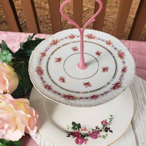 Rose Themed Vintage China Two Tiered Tray for party, shower, picnic, tea time, or jewelry, trinket holding