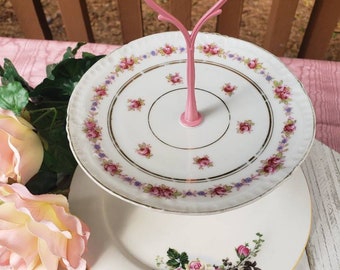 Rose Themed Vintage China Two Tiered Tray for party, shower, picnic, tea time, or jewelry, trinket holding