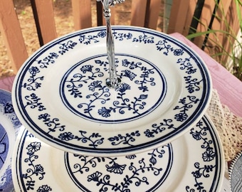 Blue and White Vintage China Tidbit Dessert Tiered Tray or Jewelry Keeper