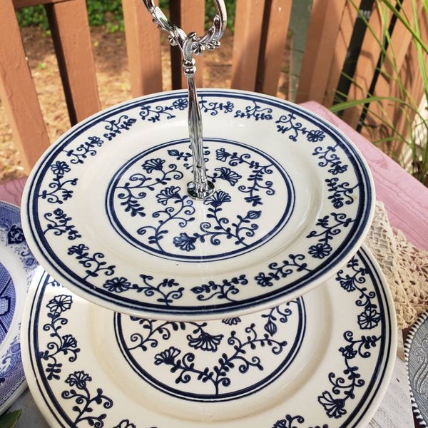 Blue and White Vintage China Tidbit Dessert Tiered Tray or Jewelry Keeper