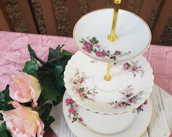 Roses All Around China Tiered Cupcake, dessert, Jewelry or Tidbit Tray for Tea Time, Showers Table Centerpiece Decor