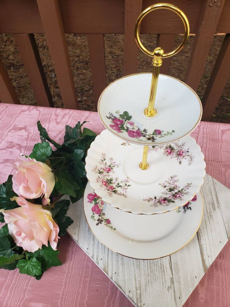 Roses All Around China Tiered Cupcake dessert Jewelry or Tidbit Tray for Tea Time Showers Table Centerpiece Decor