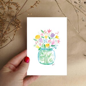 Cartão de buquê de flores para o dia das mães, aniversário, agradecimento, cartão impresso em aquarela