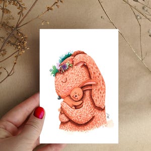 Carte fête des mères "Maman lapin et son bébé", carte de vœux aquarelle imprimée