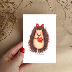 Carte Hérisson avec un cœur pour fête des mères, anniversaire, Saint-Valentin, aquarelle imprimée, carte amour