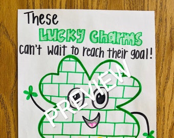 May include: A green shamrock with a brick pattern, smiling with big eyes and a yellow bow tie. The shamrock has arms and legs and is standing on a white background. The text "These lucky charms can't wait to reach their goal!" is written above the shamrock.