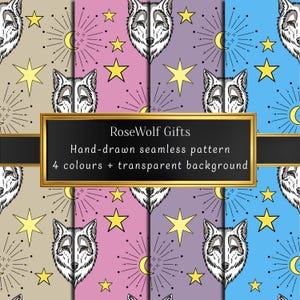 May include: Four seamless patterns with a wolf head, stars, and crescent moons in beige, pink, purple, and blue. The patterns are hand-drawn and have a transparent background. The text on the image says "RoseWolf Gifts".