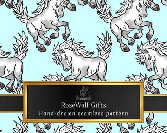 Cute hand-drawn watercolour pony Pattern, aqua teal blue, Digital Download Seamless Pattern Repeating Pattern Art, horse