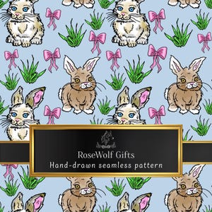 May include: A repeating pattern of rabbits, pink bows, and green grass on a pale blue backdrop. The design showcases hand-drawn illustrations of bunnies with detailed fur and expressive eyes. The text "RoseWolf Gifts Hand-drawn seamless pattern" is displayed in a gold frame.