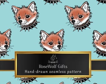 May include: Seamless pattern featuring cartoon foxes with brown fur, black spiked collars, and ear piercings, set against a light blue background. The design includes a gold-framed black rectangle with the text "RoseWolf Gifts Hand-drawn seamless pattern."