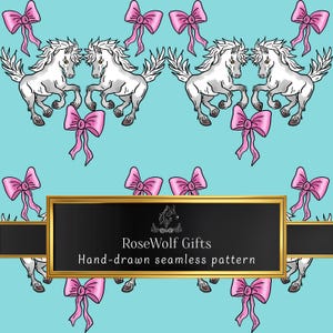 May include: Seamless pattern featuring white horses and pink bows on a light blue background. The design includes repeating images of running horses and bows. The text "RoseWolf Gifts" and "Hand-drawn seamless pattern" are displayed in a gold-framed black rectangle.