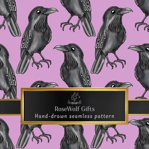 May include: A seamless pattern featuring detailed illustrations of black ravens on a light purple background. The ravens are depicted with intricate feather details and are evenly spaced. The design includes a gold-framed black rectangle with the text "RoseWolf Gifts Hand-drawn seamless pattern."