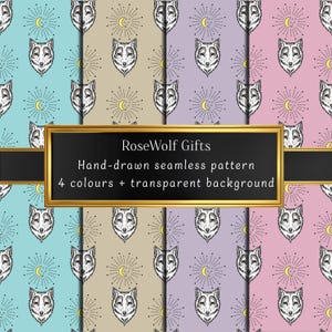 May include: A digital art image featuring a seamless pattern with wolf faces, moons, and sunbursts. The pattern is displayed in four color variations: light blue, tan, lavender, and pink. The text "RoseWolf Gifts" is displayed in a gold-framed black rectangle.