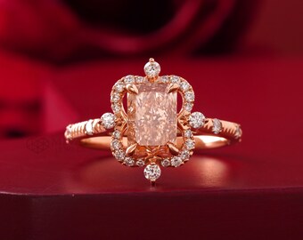 Pink Engagement Ring, 14K Rose Gold Halo with IGI Certified Diamond