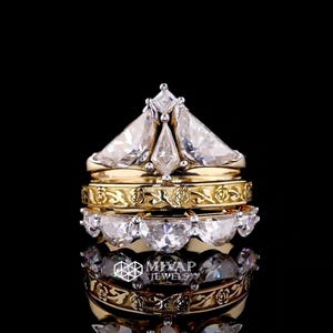 Moth Diamond Three Ring Set: 14kt Yellow Gold, Trillion , Kite & Half Moon Lab Grown Diamonds - Unique Engagement Gift for Her.