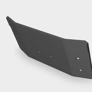 May include: A dark gray metal plow blade with a rectangular shape and three circular holes. The blade has a beveled edge and is designed for agricultural use.
