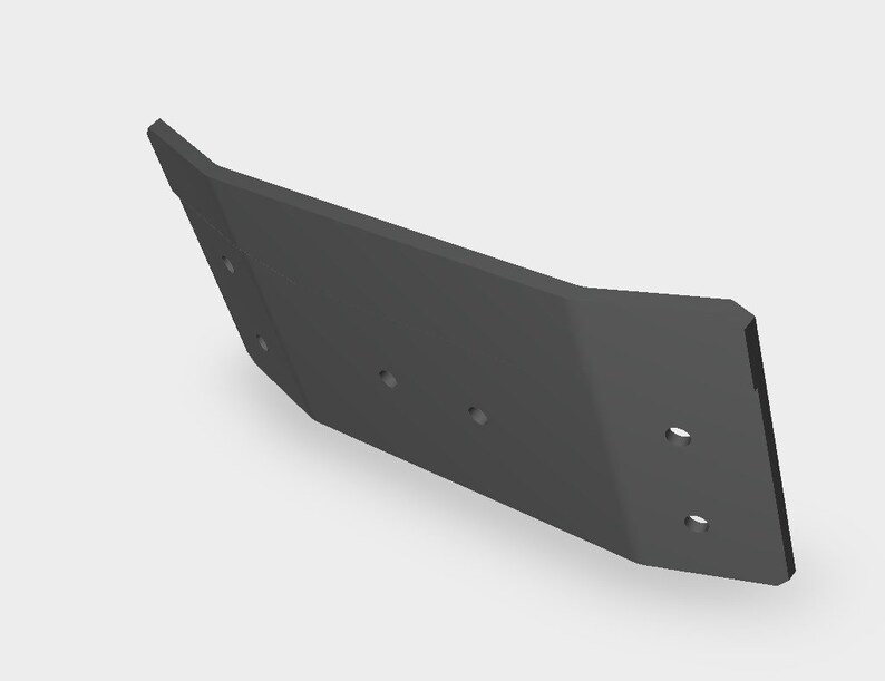 May include: A dark gray metal plow blade with a rectangular shape and three circular holes. The blade has a beveled edge and is designed for agricultural use.