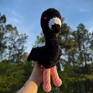 May include: A handmade black plush bird with a white face, red eyes, and pink legs. The plush toy is held up against a backdrop of trees and a blue sky. The bird has a long neck and a soft, textured appearance.