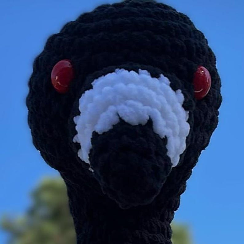 May include: A handmade, black crochet bird head with a white chest and two red, round eyes. The bird's head is set against a blue sky background. The crochet work appears to be thick and textured.
