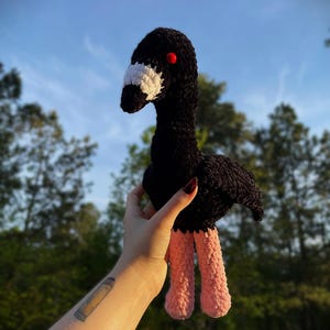 May include: A handmade black crochet bird with a white beak, red eyes, and pink legs. The plush toy is held up against a backdrop of trees and a blue sky. The bird's body is made of a soft, textured yarn.