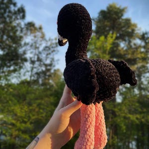 May include: A handmade black crochet ostrich with a white beak and red accents. The ostrich has pink legs and is held up against a blurred green background. The plush toy is made of soft yarn.
