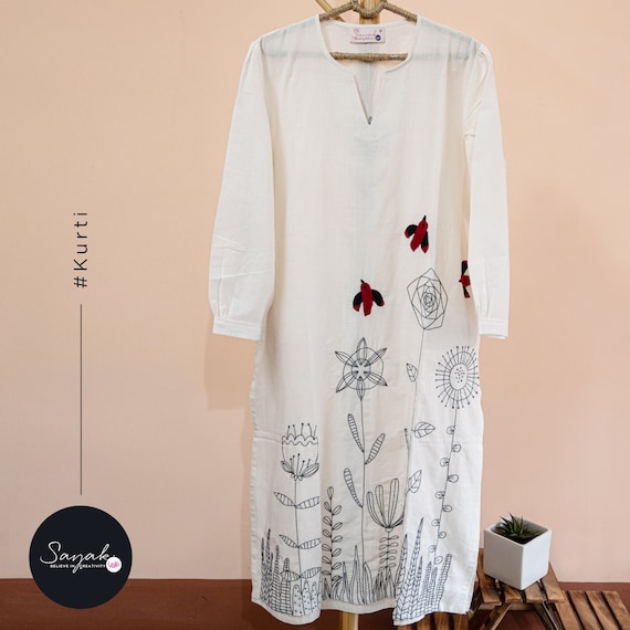 Teal blue A line mangalagiri cotton kurti with banjara embroidery – GoCoop