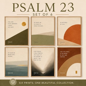 May include: A set of six framed wall art prints titled Psalm 23. Each print features abstract shapes in olive green, terracotta, and blue, paired with verses from the Bible. The text includes Psalm 23:1 through 23:6, with a beige background.