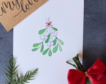 Mistletoe Watercolor Print | Christmas Holiday Art