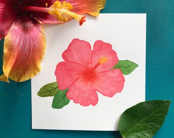 Hibiscus Watercolor Print | Tropical Floral Wall Art | Nursery Flower Art | 5x5 | 5x7