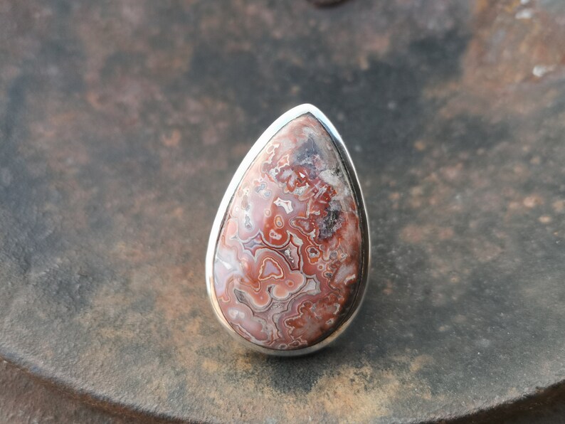 natural 20x33mm stone size P , 8 Mexican Crazy Lace Agate ring in 925 Sterling Silver