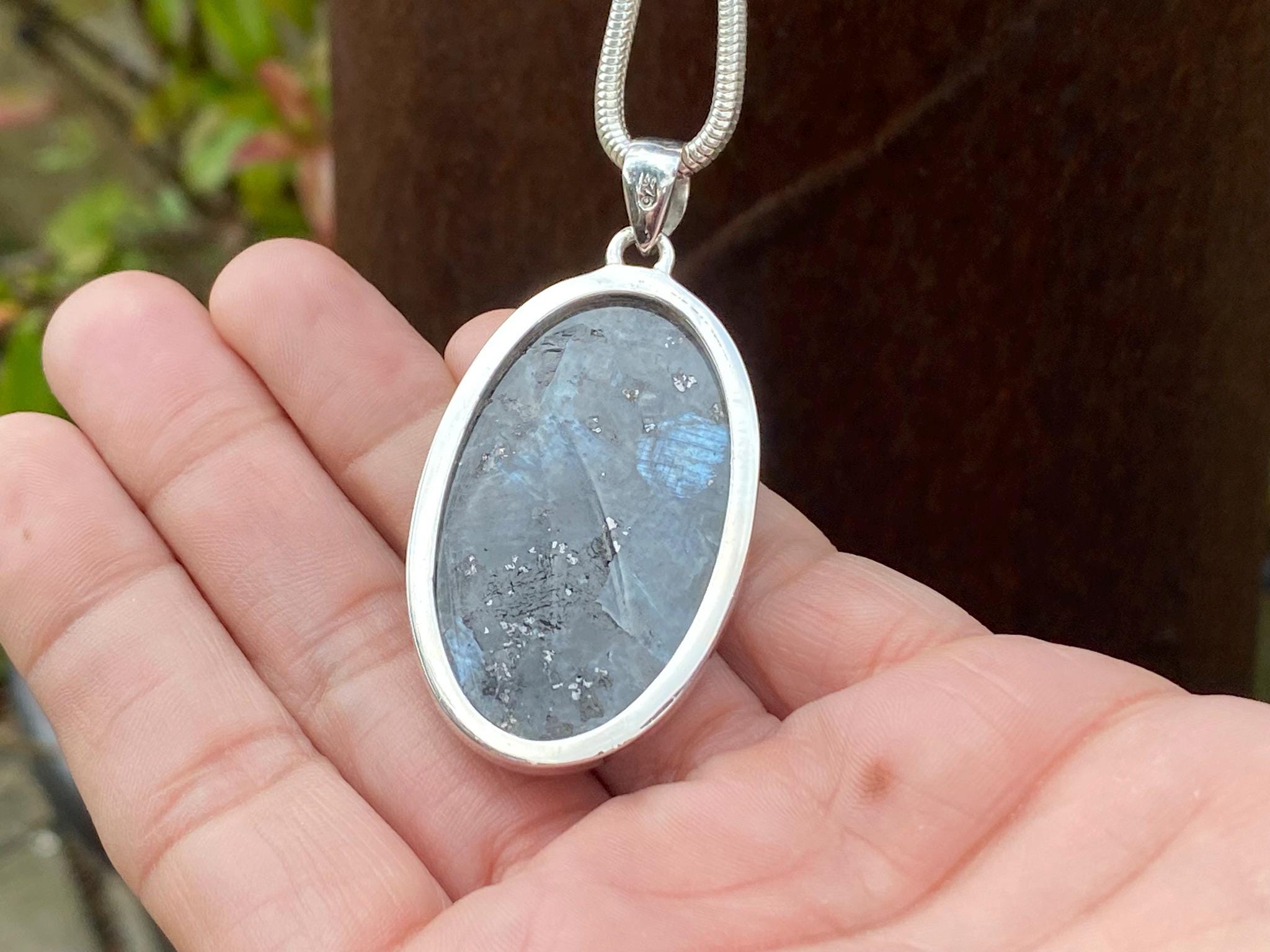 Larvikite Pendant in 925 Sterling Silver - Handmade 30x58mm