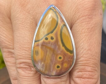 Bague océan / jaspe orbiculaire (taille N, 7) en argent sterling 925 - pierre précieuse naturelle 23 x 39 mm vert orange jaune rose orange