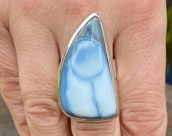 Blue Opal (size Q , 8.5) ring in 925 Sterling Silver - natural 18x35mm stone - pastel blue gemstone - handmade statement ring