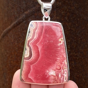 Quality Rhodochrosite pendant in 925 Sterling Silver - handmade 41x68mm statement piece - natural pink gemstone