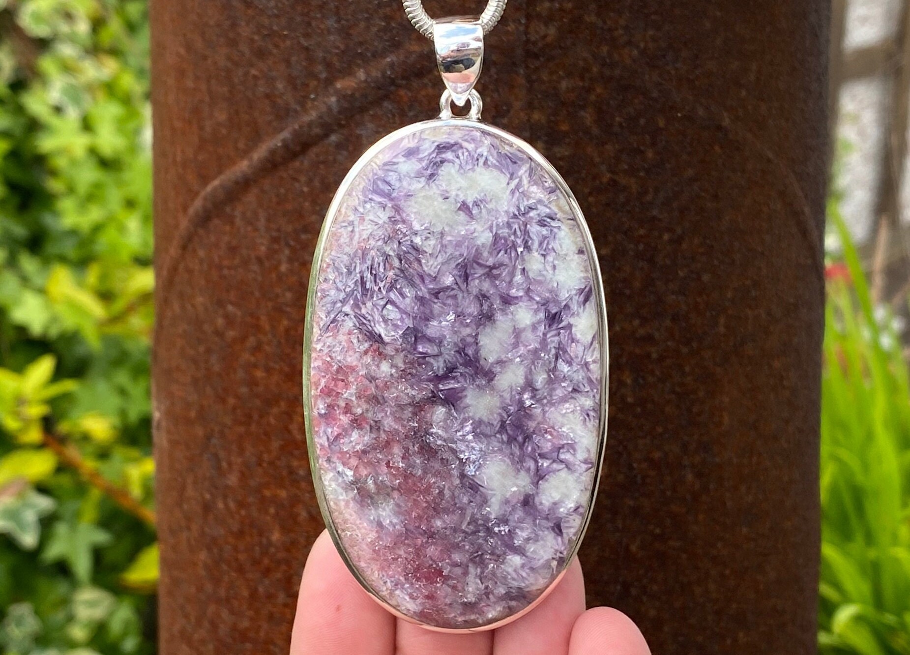Large Lepidolite & Pink Tourmaline pendant in 925 Sterling Silver - 47x93mm handmade pendant - natural purple pink gemstone