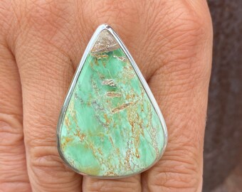 Australian Variscite heart ring (size O , 7.5) in 925 Sterling Silver - natural 27x39mm green gemstone - handmade