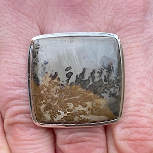 May include: A square-faced ring with a silver band. The ring features a large, polished stone with a unique pattern of brown, gray, and white hues. The stone is set in a silver bezel.